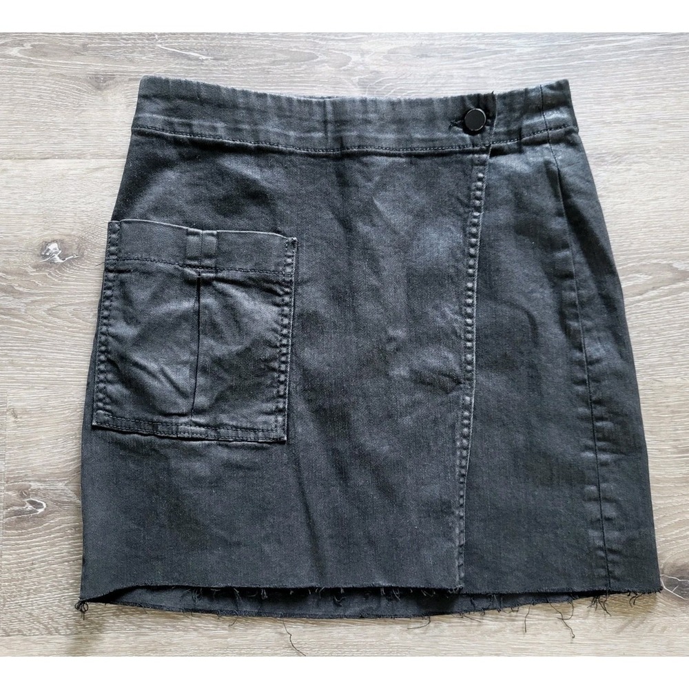 All Saints Black Ruth Edgy Grunge Waxed Denim Wrap Mini Skirt Sz 4